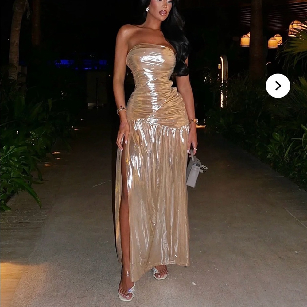 Fashion Nova Shimmering Gold Strapless Dress